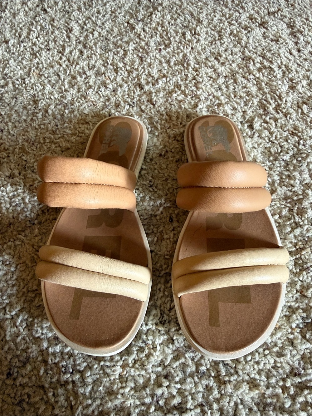 Sorel Women's Two-Strip Padded Slide Sandals in Tan and Cream